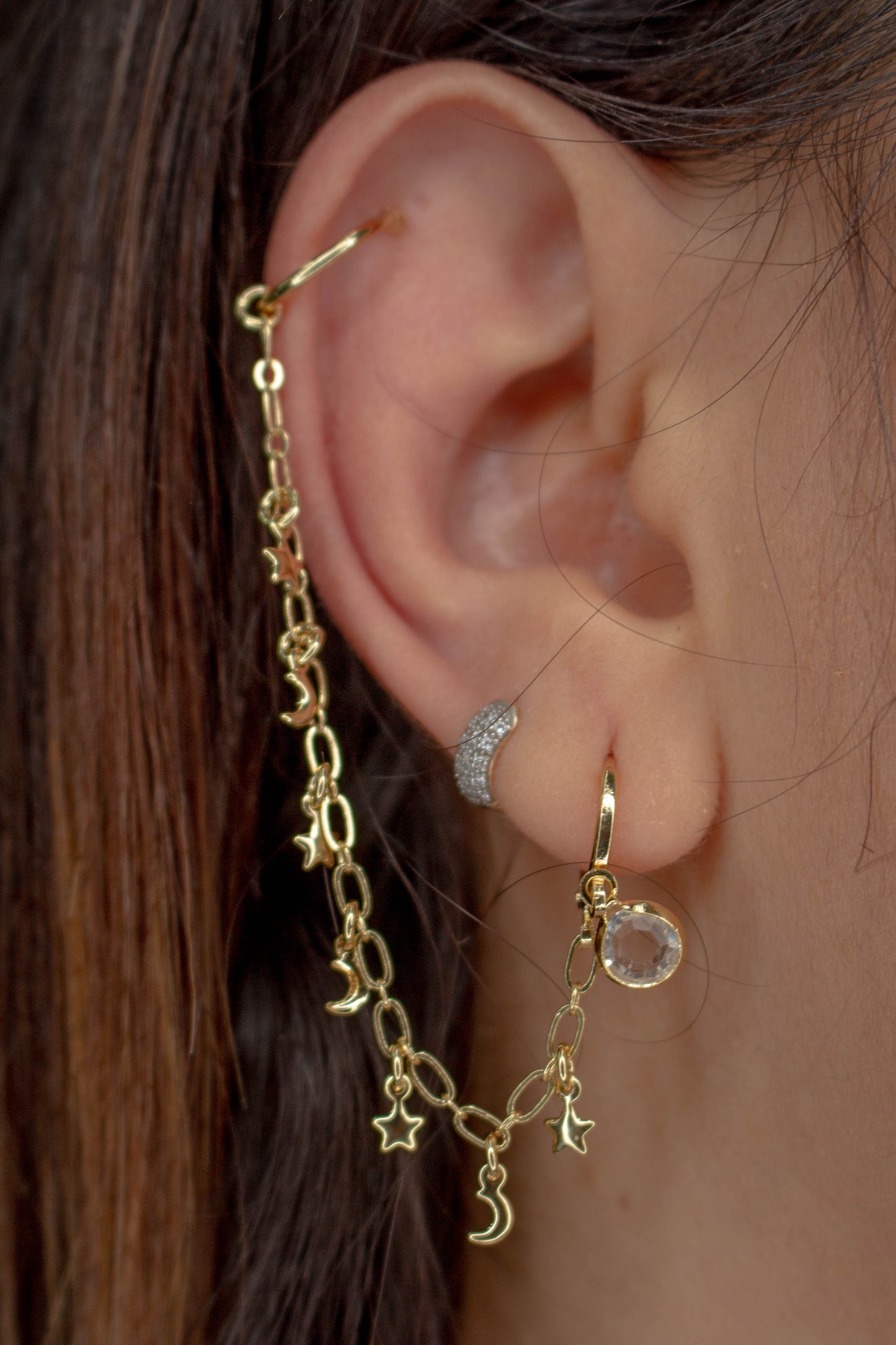 Moon and Star Hanging Double Piercing Chain Earrings