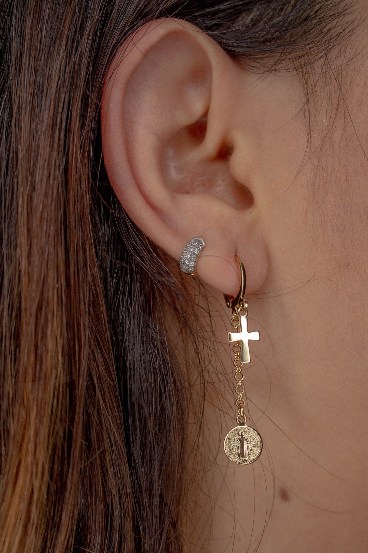 Saint Benedict Medal and Cross Hanging Huggie Earrings