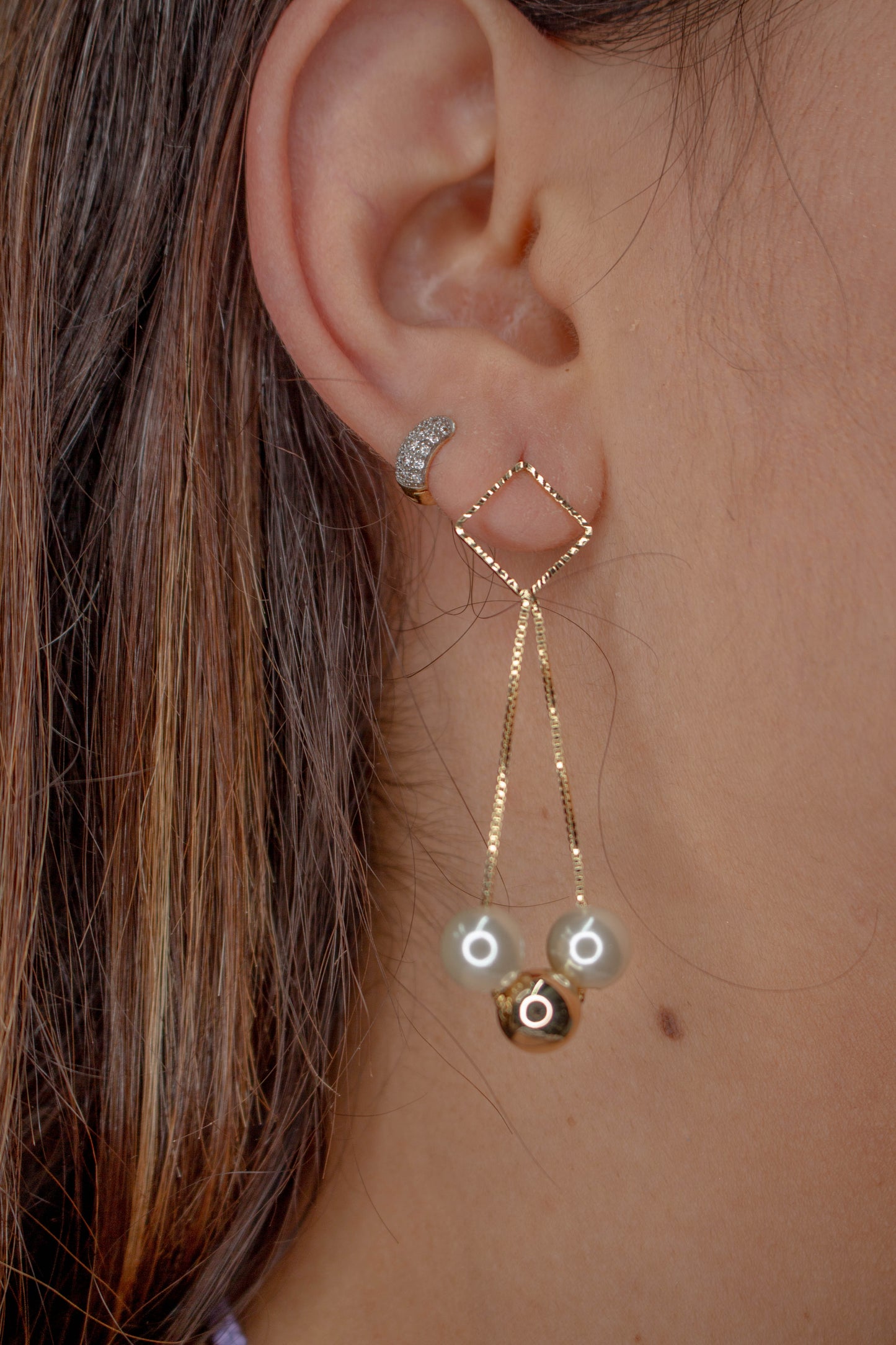 Two Pearl and One Ball Hanging Stud Earrings