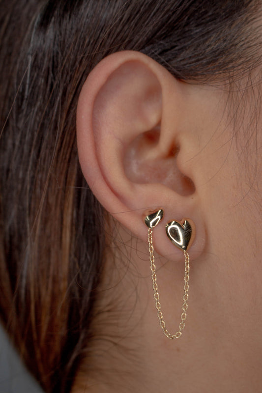 Two Heart Double Piercing Chain Earrings | Pair Connected Earrings