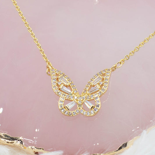 Shine Butterfly Necklace & Earrings Set / Baguette Zirconia Butterfly Necklace / Butterfly Earrings