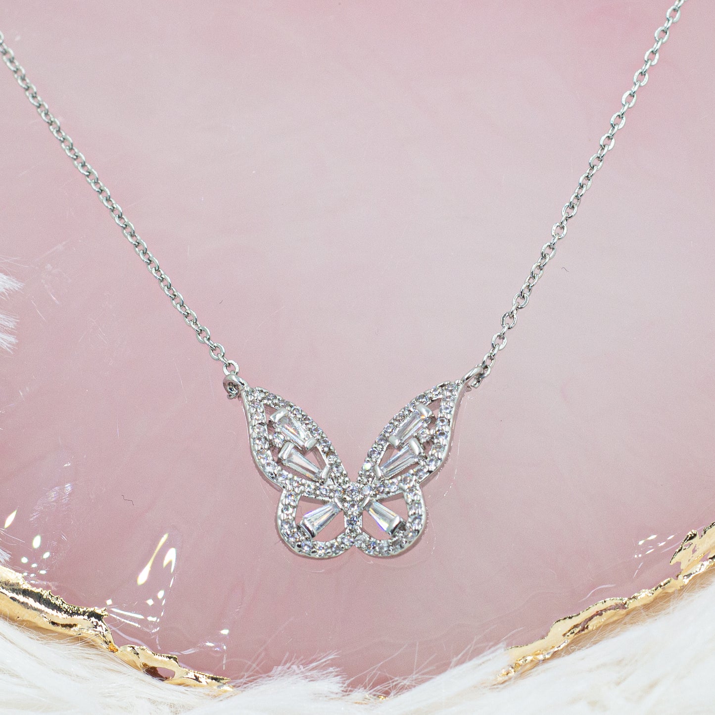 Shine Butterfly Necklace & Earrings Set | Baguette Zirconia Butterfly Necklace | Butterfly Earrings