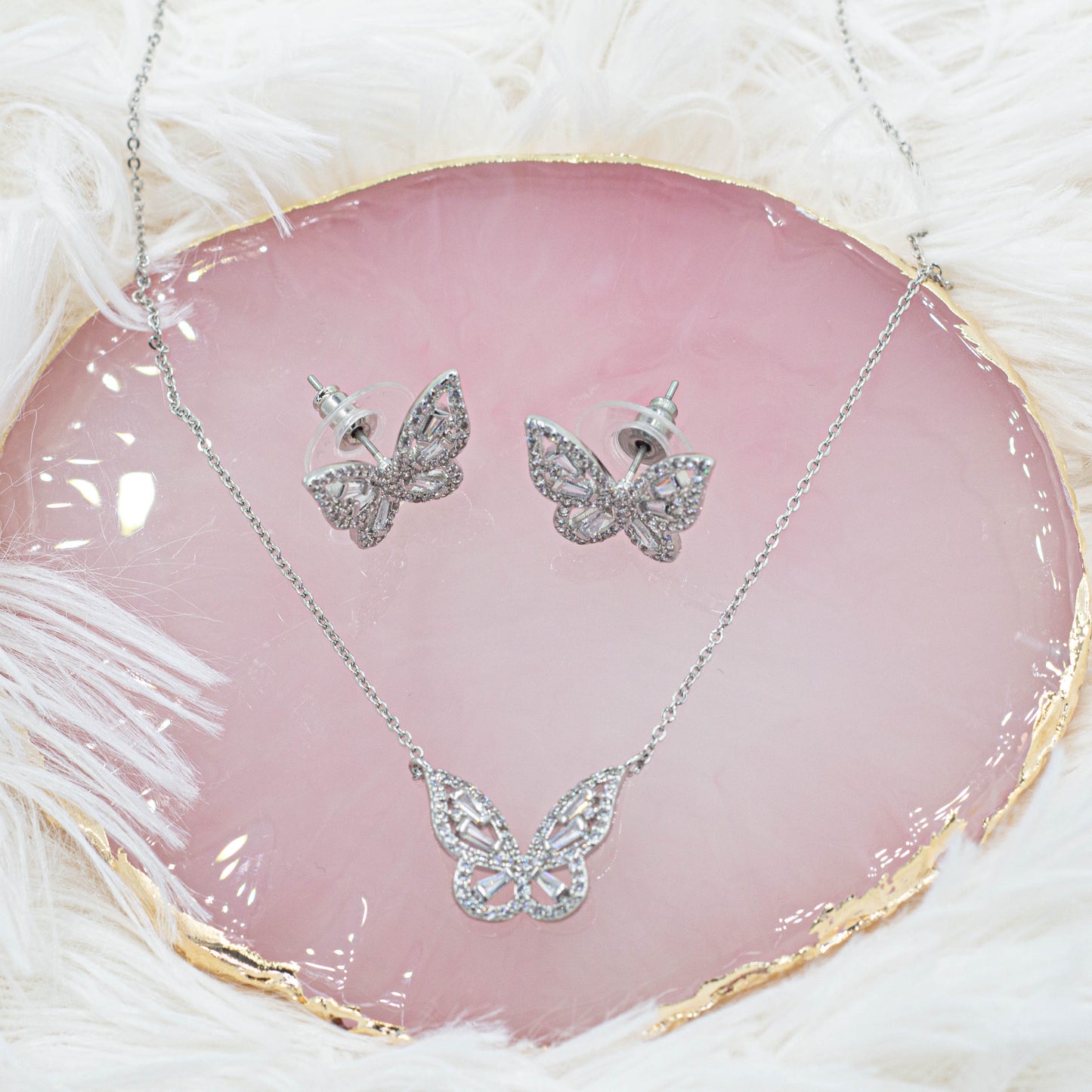 Shine Butterfly Necklace & Earrings Set | Baguette Zirconia Butterfly Necklace | Butterfly Earrings