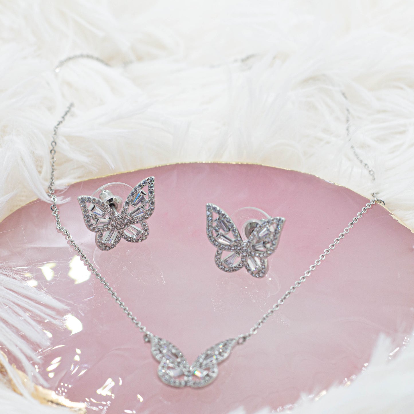 Shine Butterfly Necklace & Earrings Set | Baguette Zirconia Butterfly Necklace | Butterfly Earrings