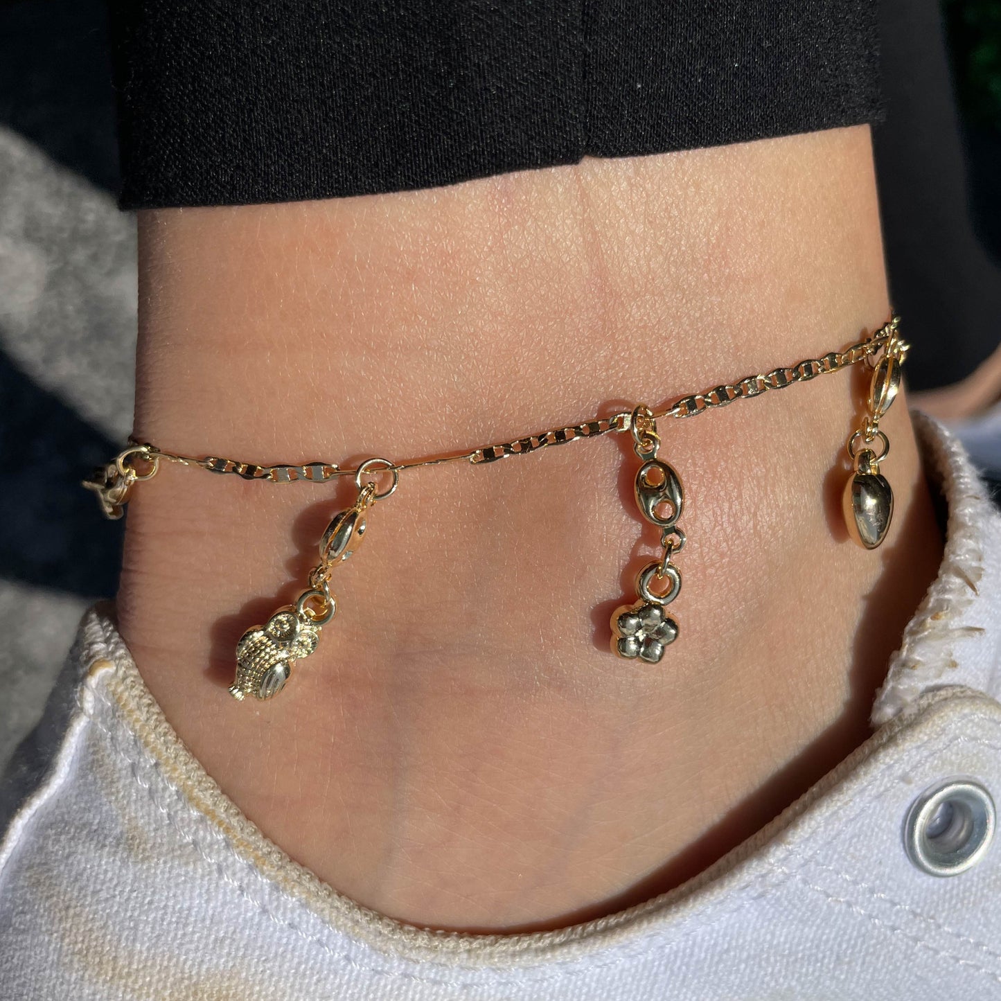 Sweet Charms Hanging in a Figaro Chain Anklet