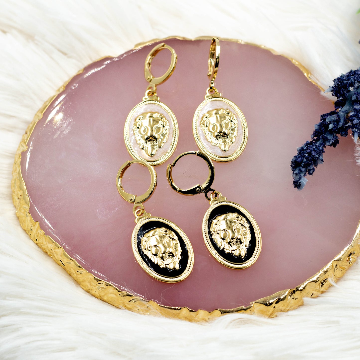 Oval Medallion Lion Face Huggie Earrings