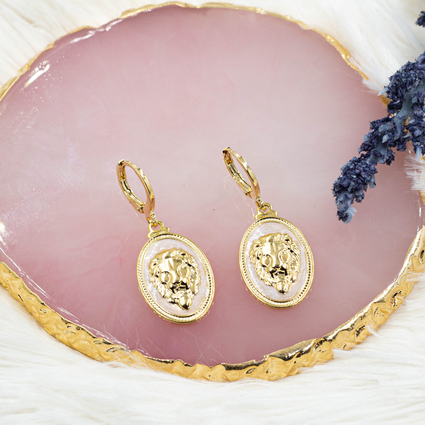 Oval Medallion Lion Face Huggie Earrings