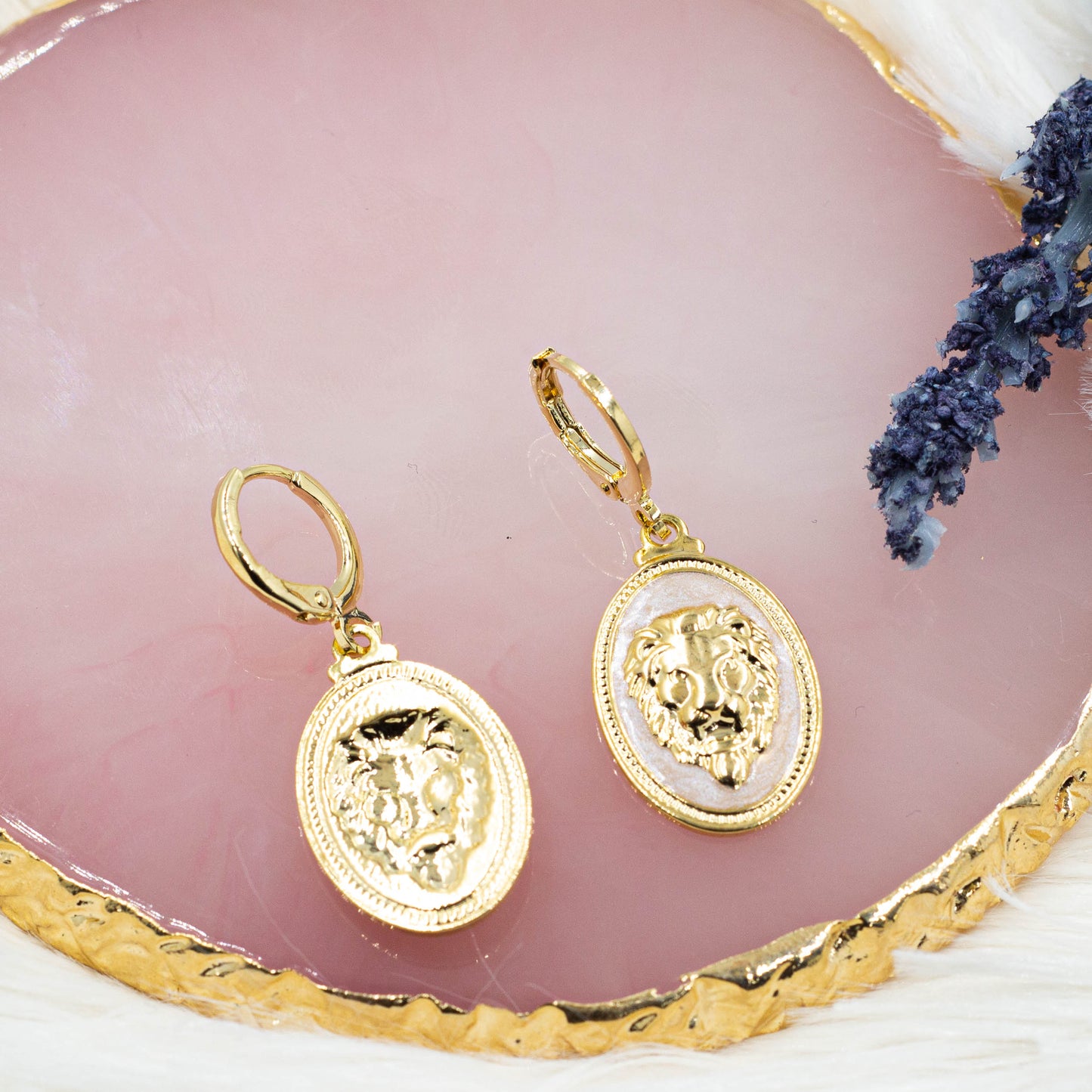 Oval Medallion Lion Face Huggie Earrings