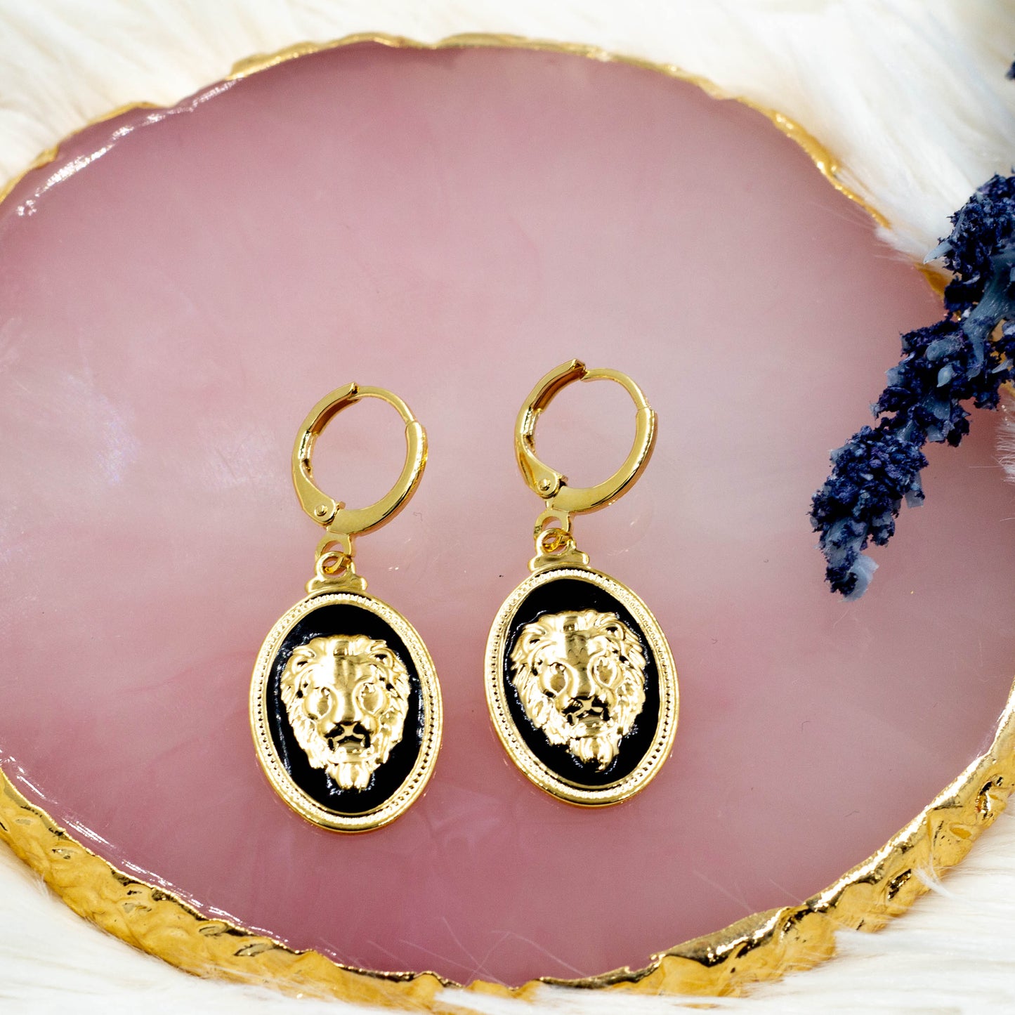 Oval Medallion Lion Face Huggie Earrings