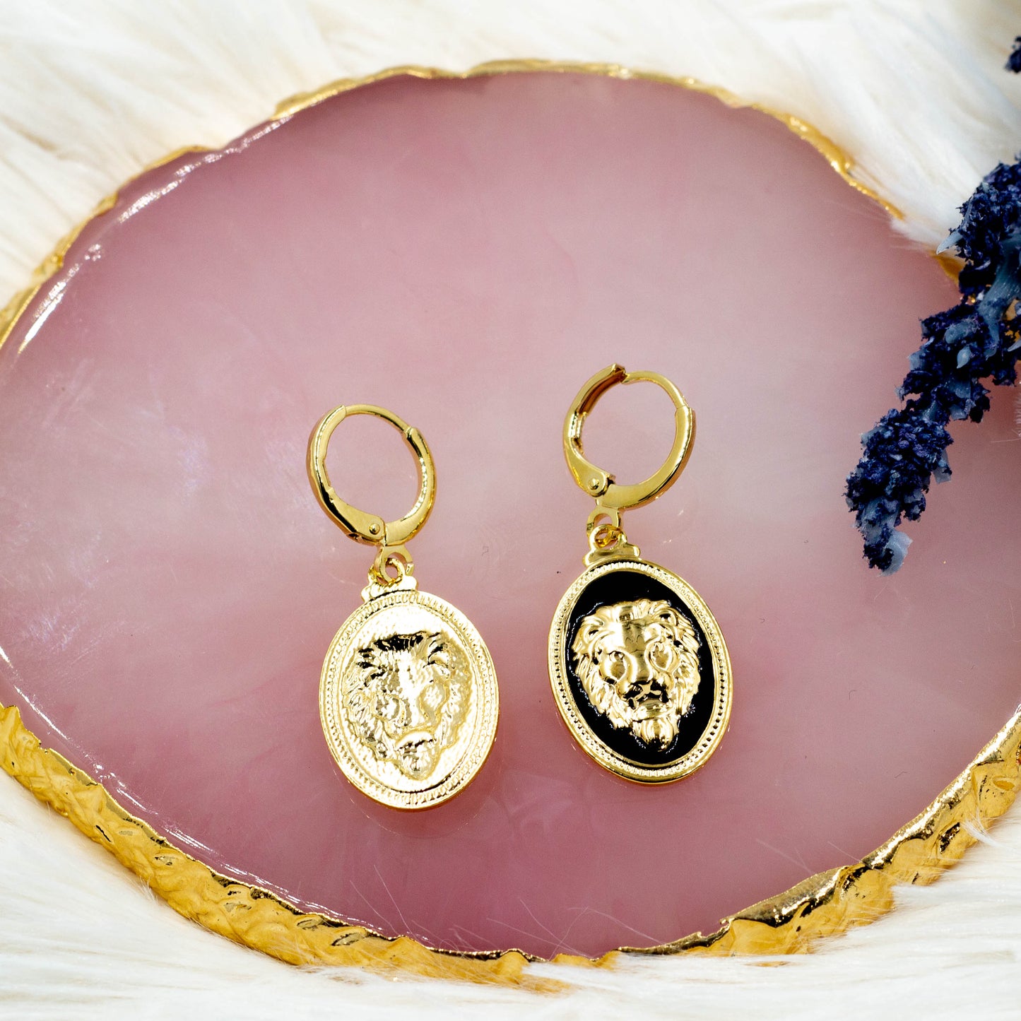 Oval Medallion Lion Face Huggie Earrings