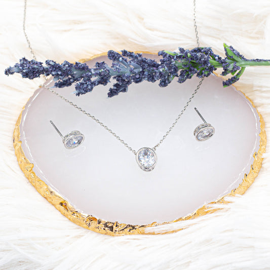 Cubic Zirconia Light Spot Necklace Pendant and Stud Earrings