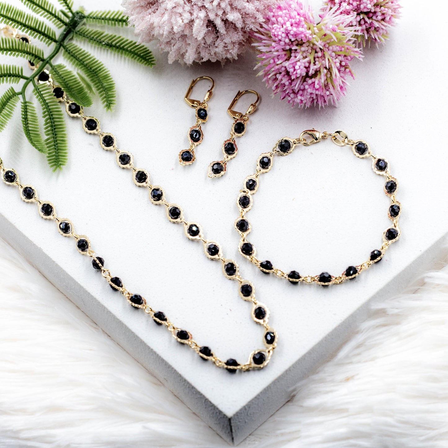 Black Bead Crystal Set Necklace, Earrings & Bracelet