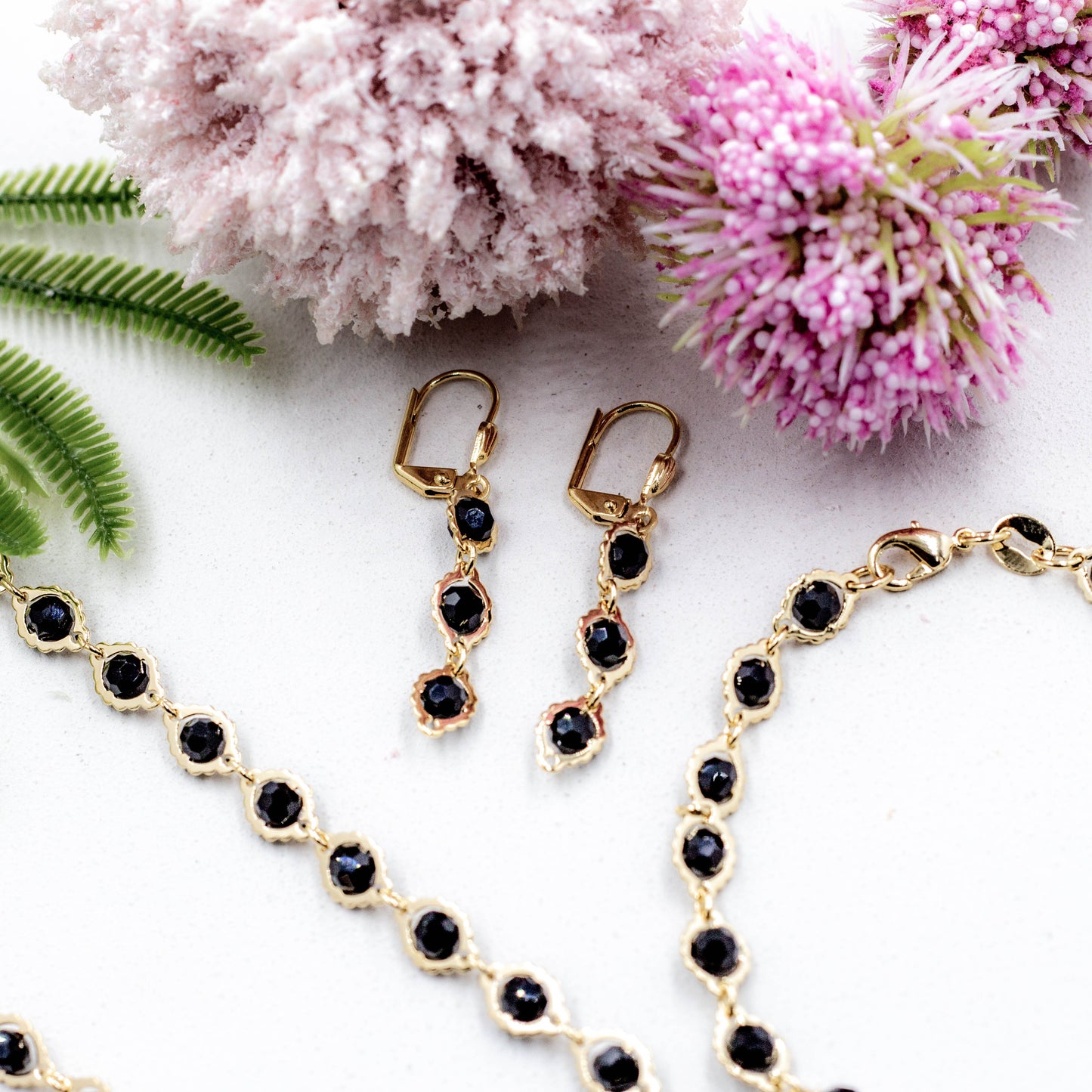 Black Bead Crystal Set Necklace, Earrings & Bracelet