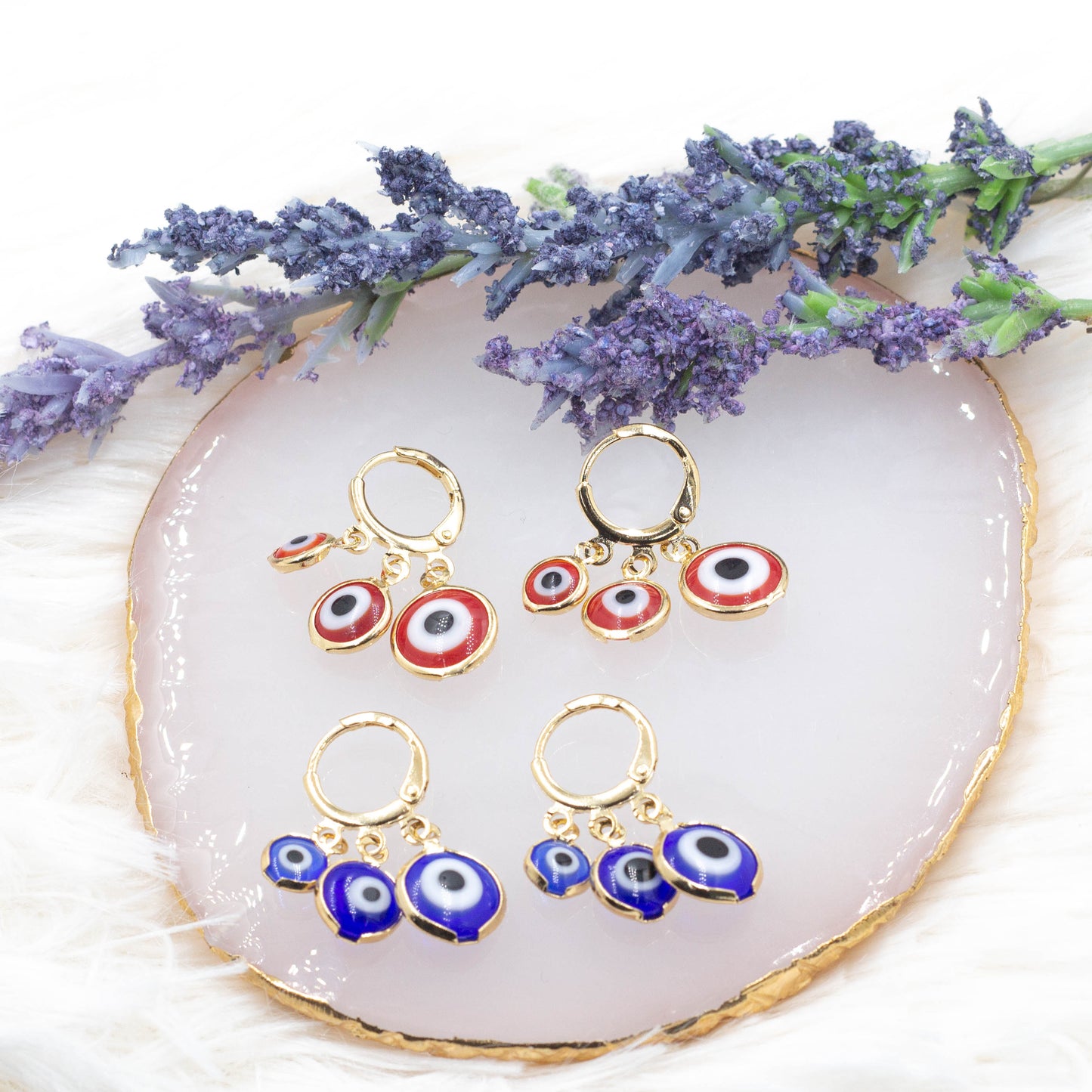 Three Evil Eye Huggies Earrings, Blue or Red Evil Eye Huggie Earrings