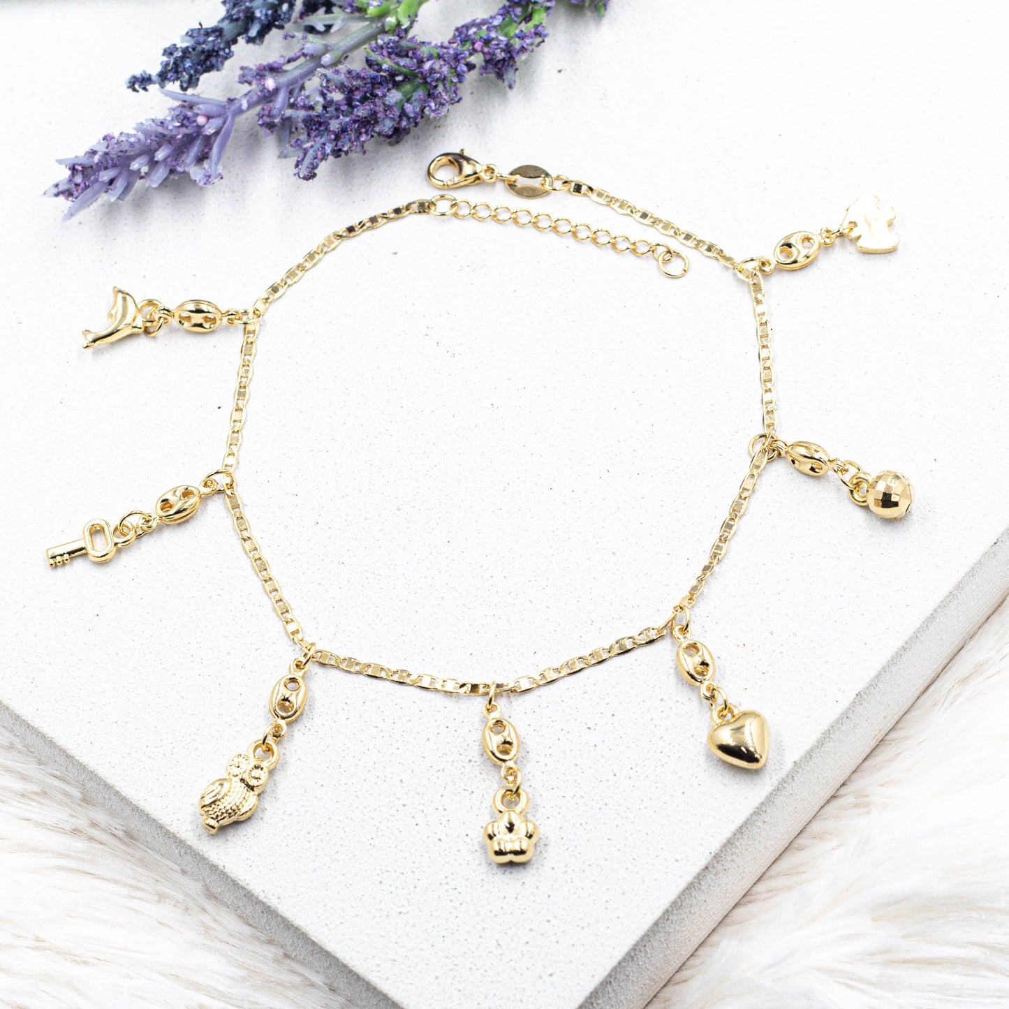 Sweet Charms Hanging in a Figaro Chain Anklet