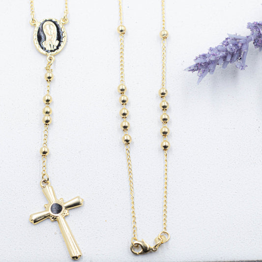 Catholic Gold Pearl Rosary with Black Details