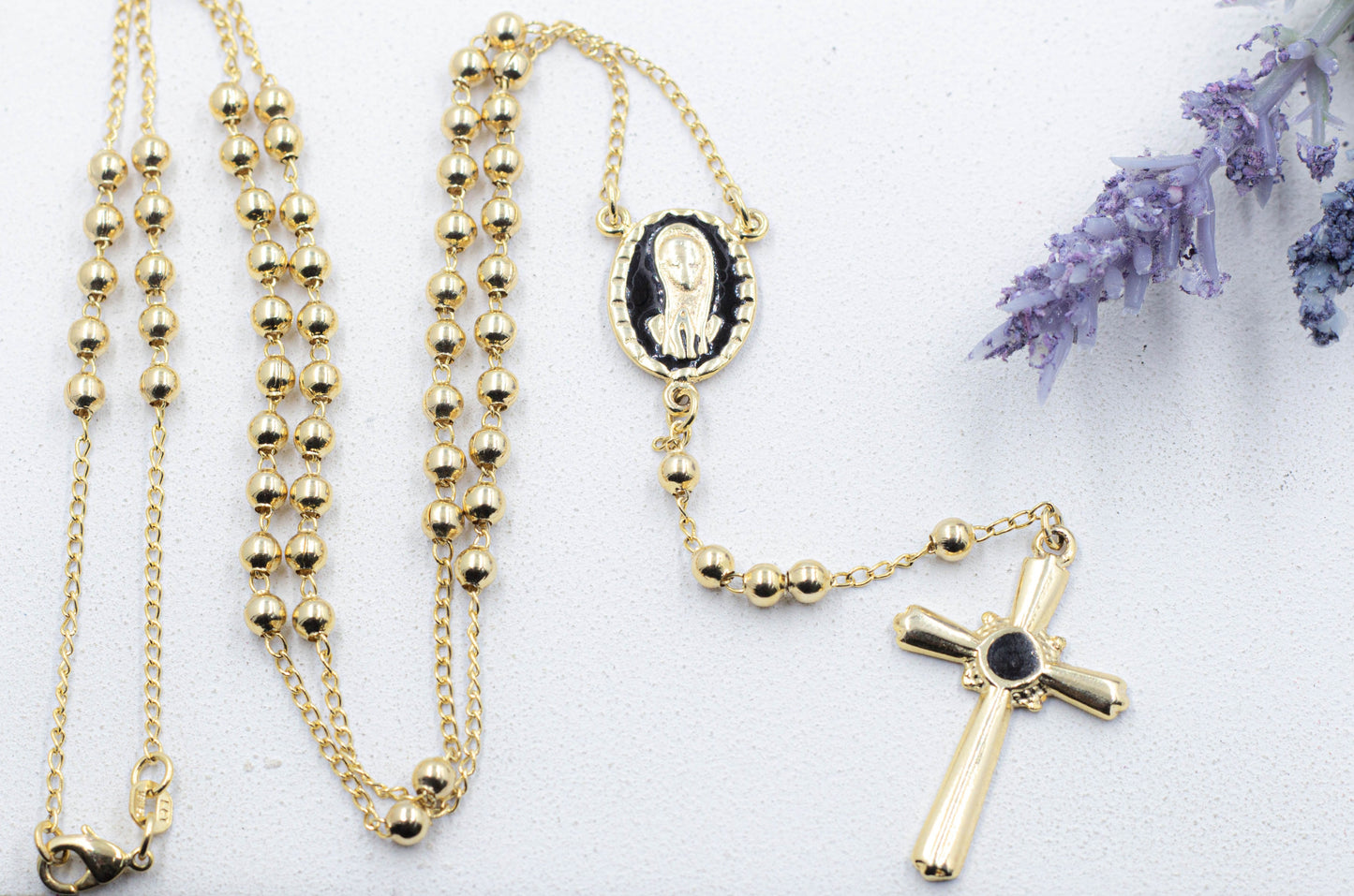 Catholic Gold Pearl Rosary with Black Details