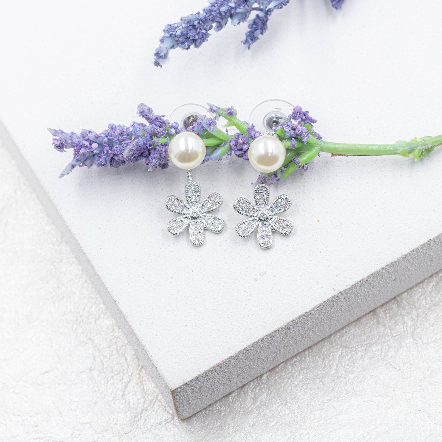 Ear Jacket with Pearl Ball and Flower