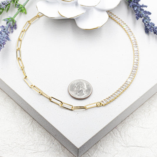 Baguette And Small Paper Clip Necklace & Bracelet Set