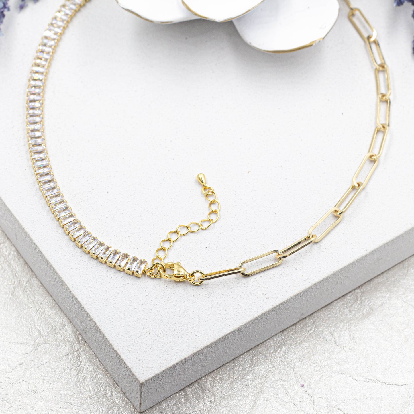 Baguette And Small Paper Clip Necklace & Bracelet Set