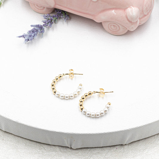 Mini Pearls And Gold Balls Open Hoops Earrings