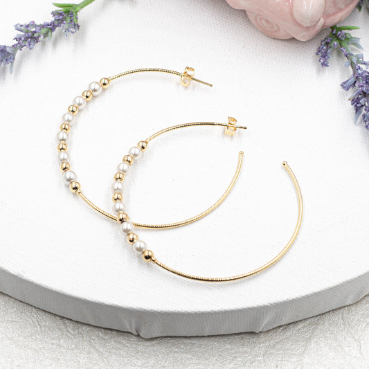 Thin Open Hoops With Half Pearls And Balls Earrings