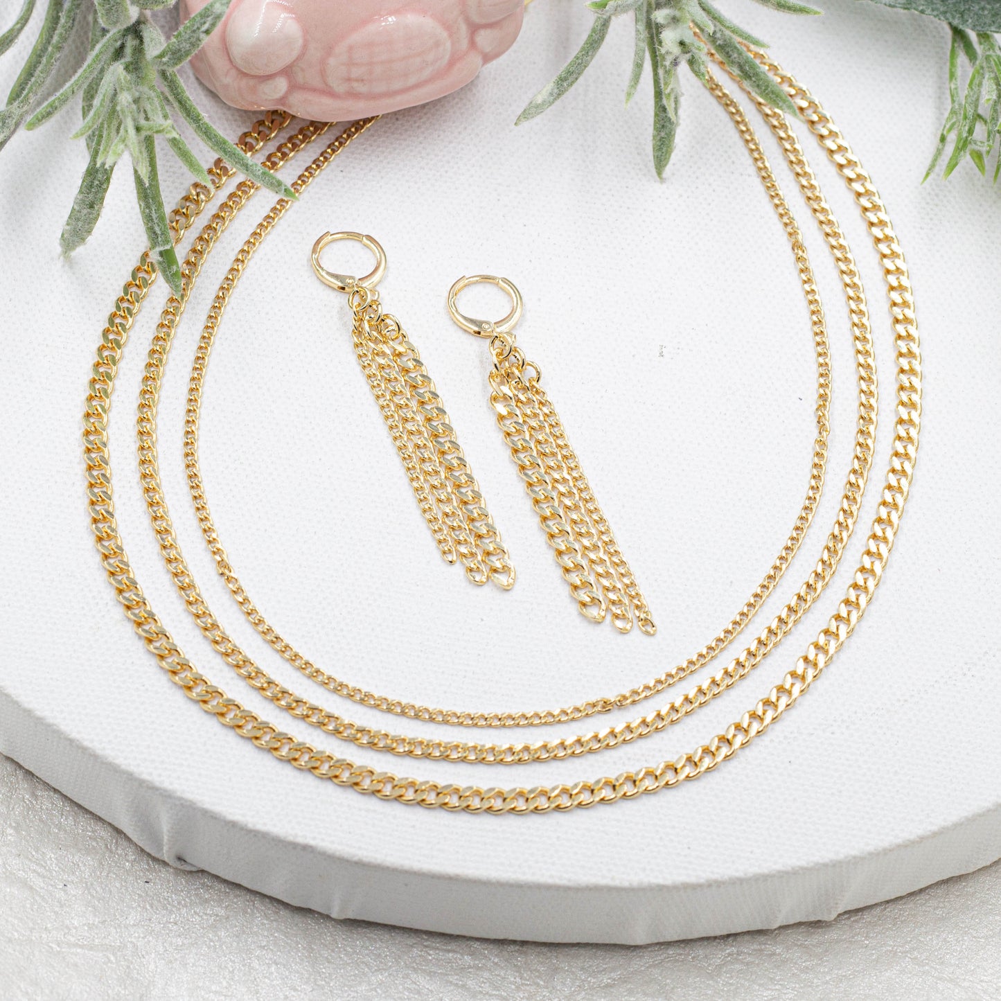 Triple Cuban Link Necklace and Earrings set
