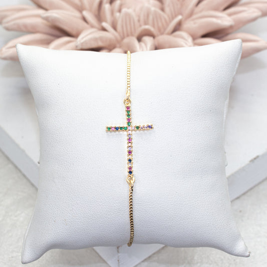 Colorful Micro Pave Zirconia Cross Adjustable Bracelet