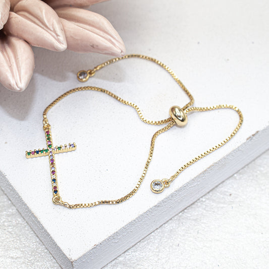 Colorful Micro Pave Zirconia Cross Adjustable Bracelet