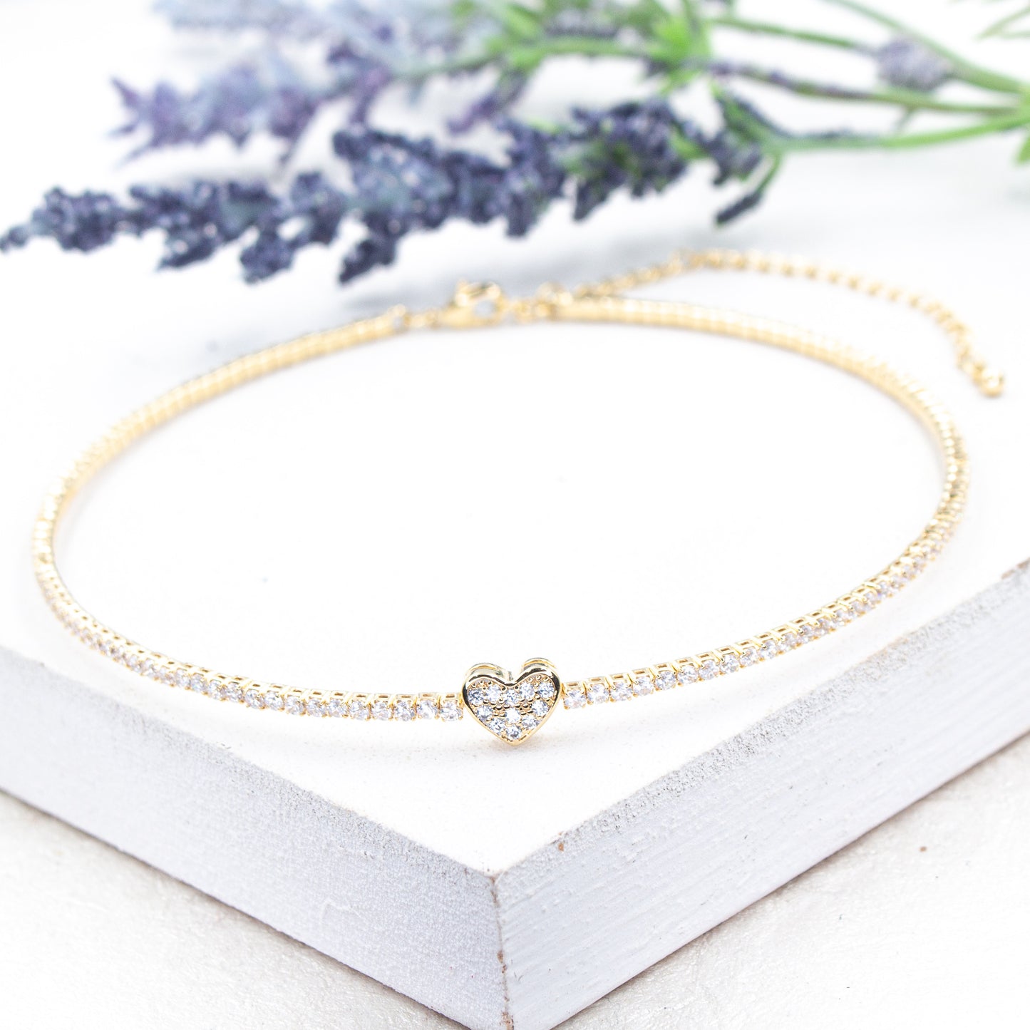 Omega Tennis Choker, Heart Micro Pave Cubic Zirconia