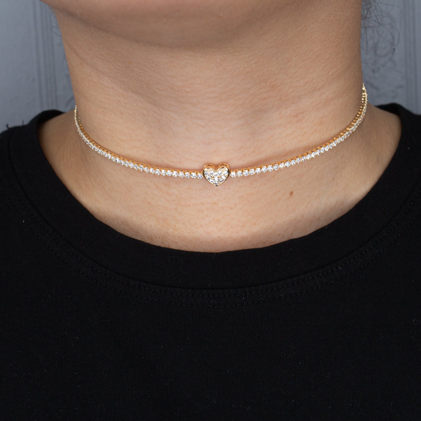 Omega Tennis Choker, Heart Micro Pave Cubic Zirconia