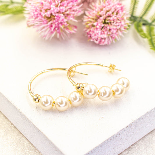 Four White Pearl Open Hoops Earrings