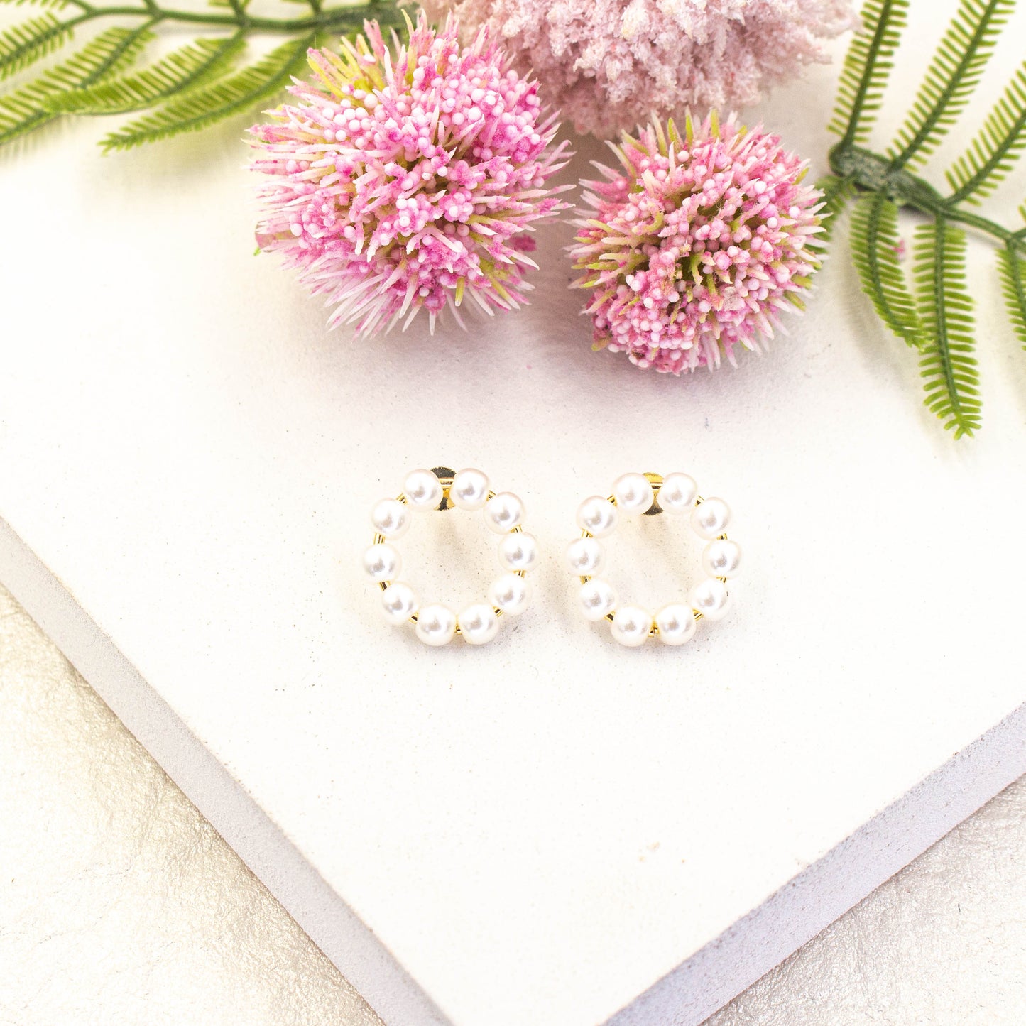 White Pearl Open Circle Stud Earrings