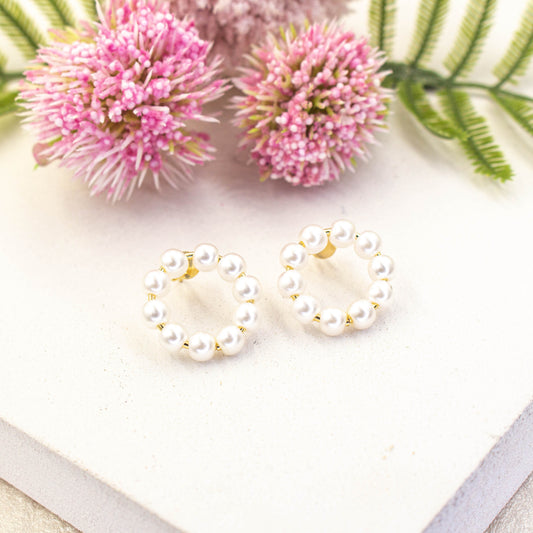 White Pearl Open Circle Stud Earrings