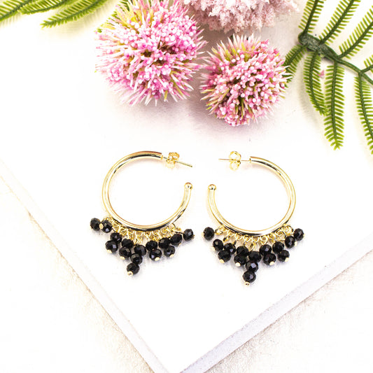 Black Beaded Hoops Earrings