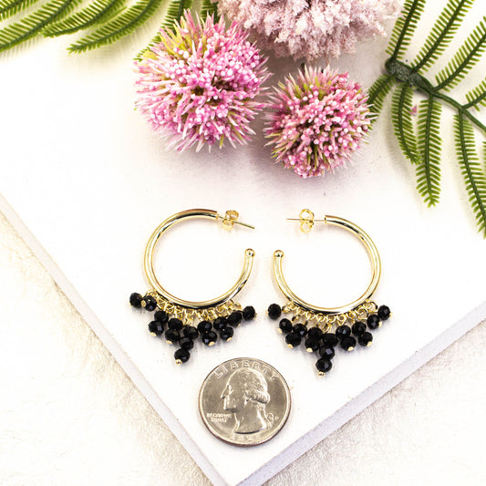 Black Beaded Hoops Earrings