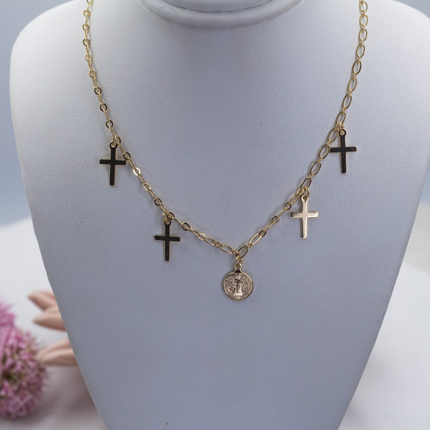 Saint Benedict Medal and Four Cross Hanging Necklace