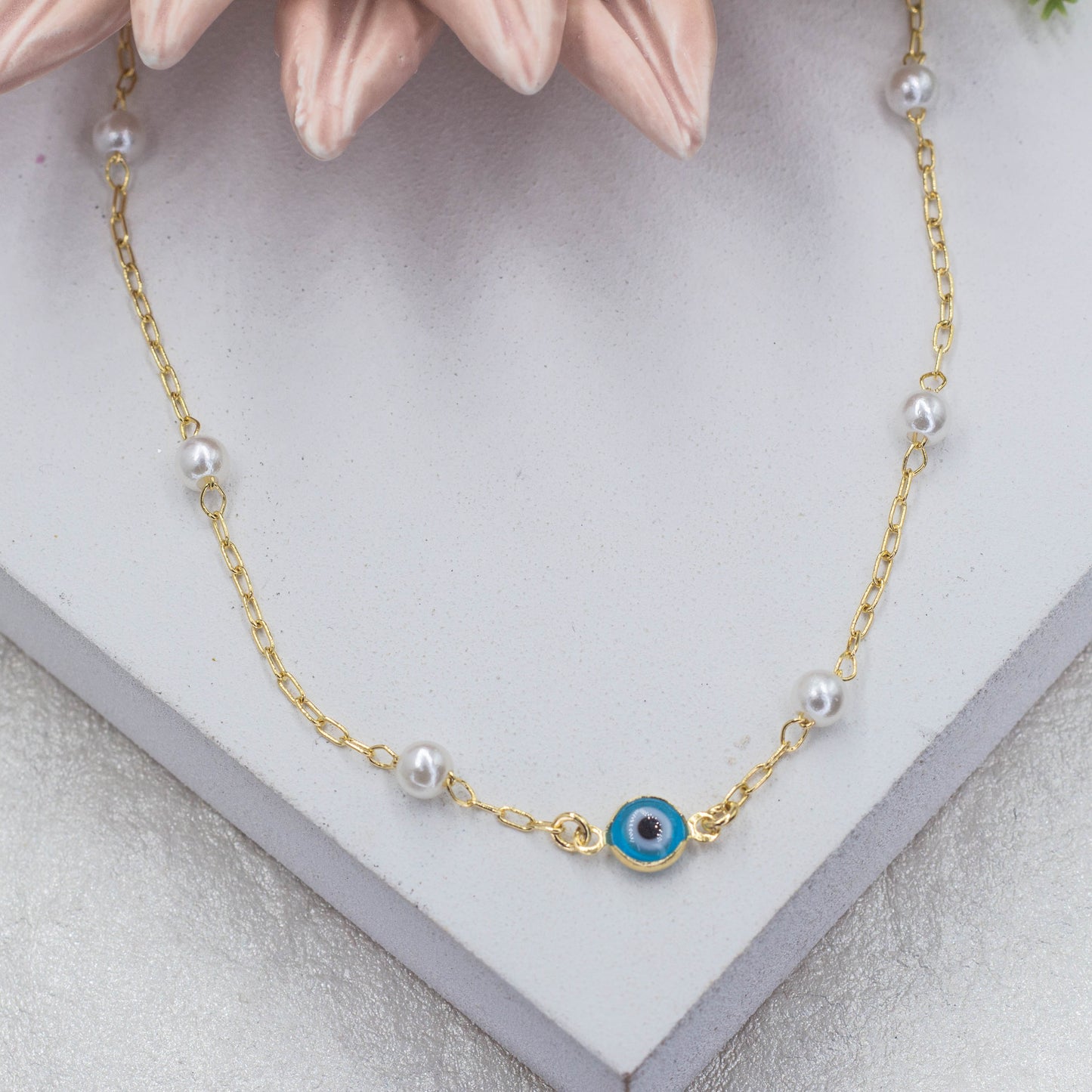 White Pearl Necklace Blue Evil Eye Detail