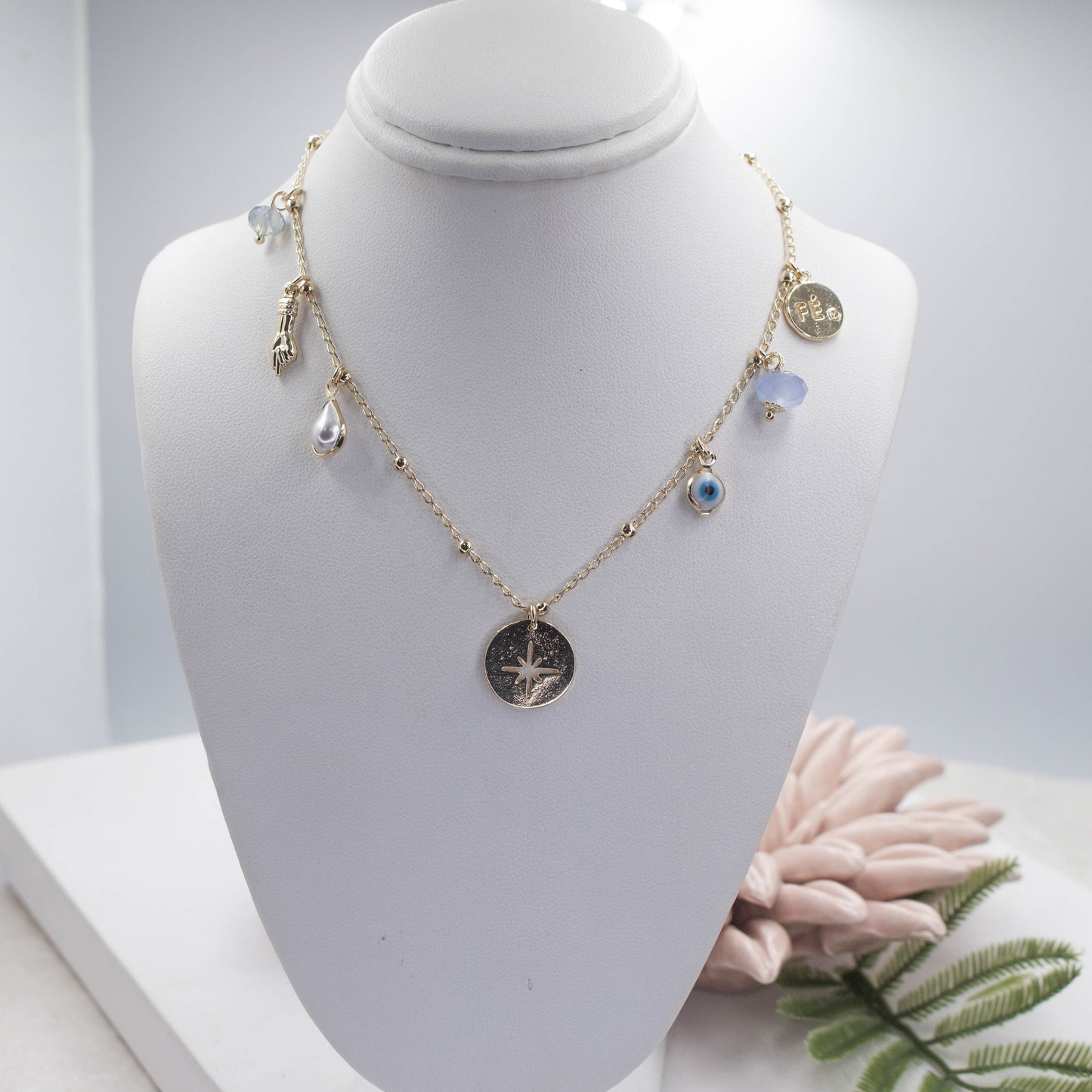 Faith Pendant Necklace, Blue Greek Eye, Figa Hand, Blue Stones, Pearl, Stardust