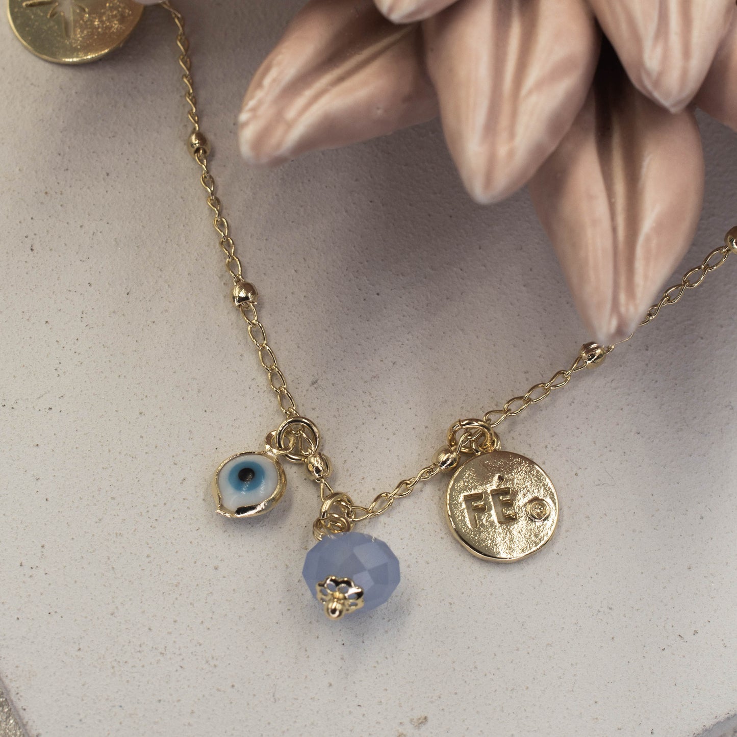 Faith Pendant Necklace, Blue Greek Eye, Figa Hand, Blue Stones, Pearl, Stardust