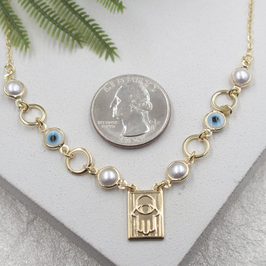 Hamsa Hand Greek Eye Pearl Necklace