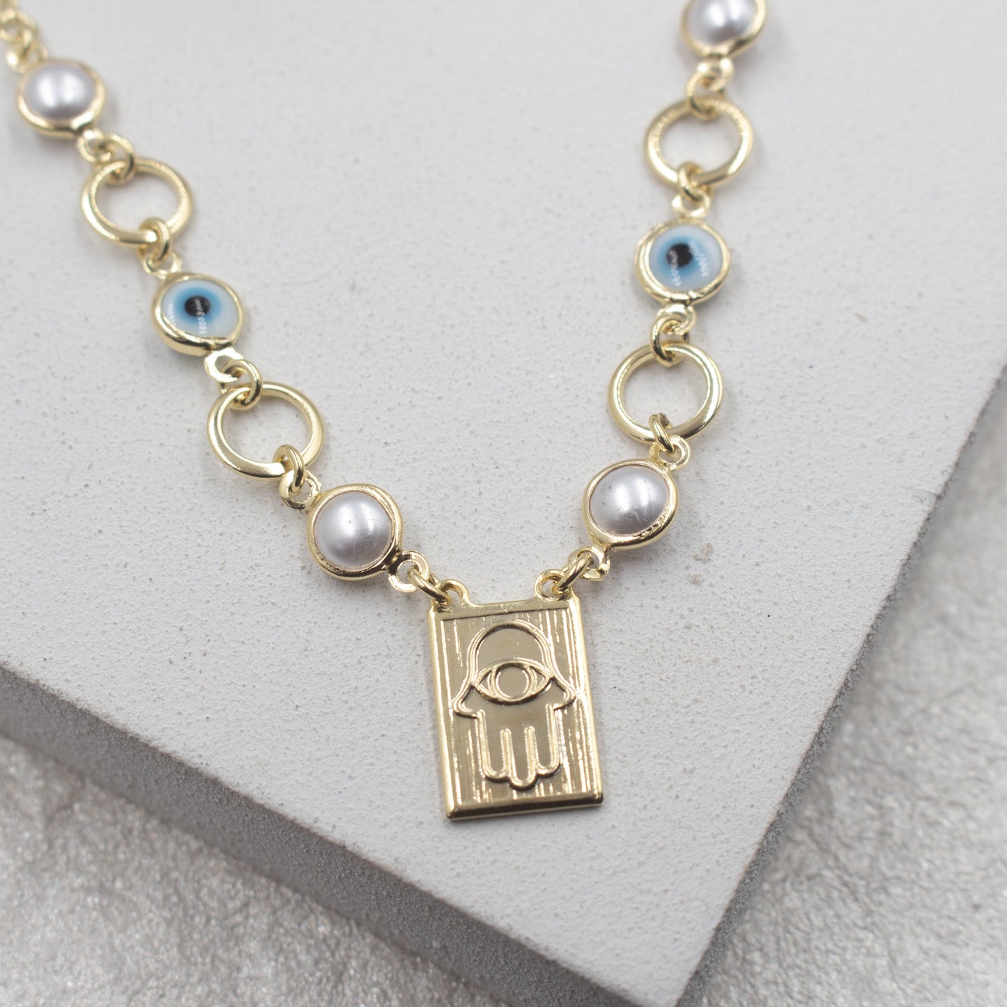 Hamsa Hand Greek Eye Pearl Necklace