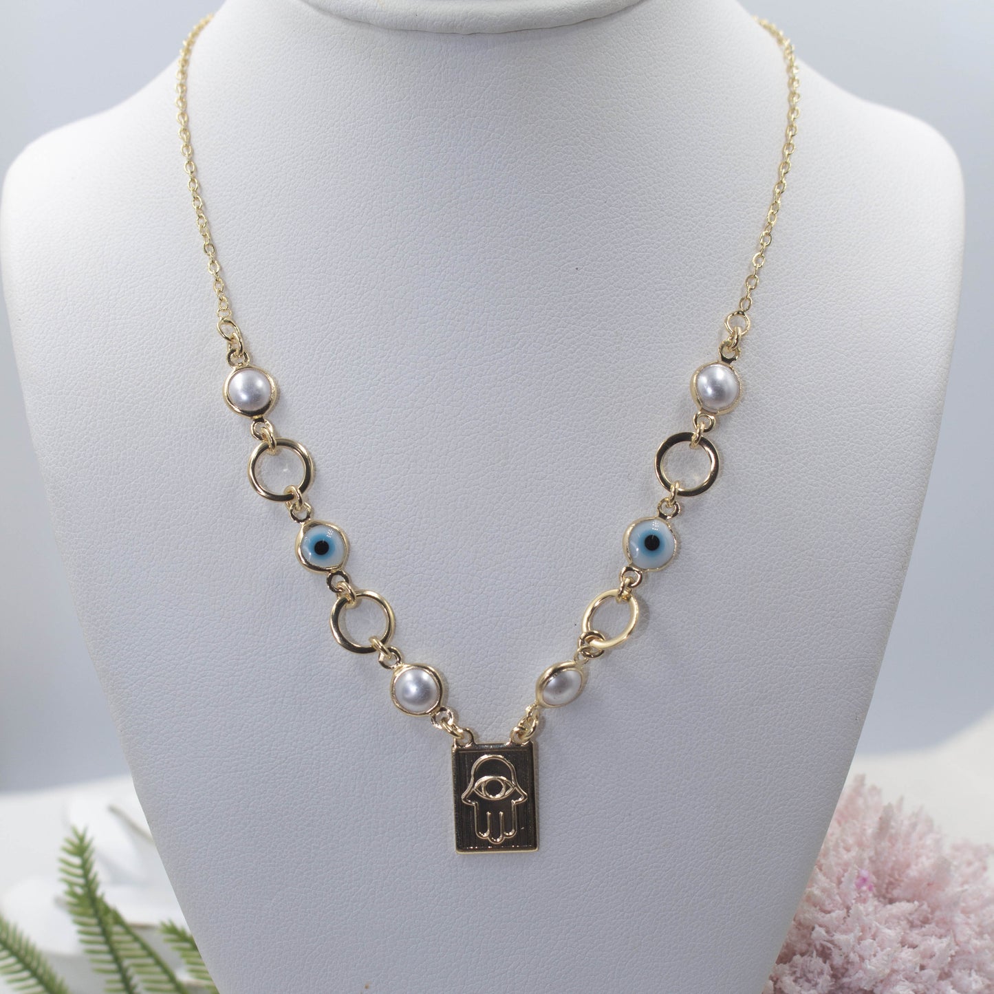 Hamsa Hand Greek Eye Pearl Necklace