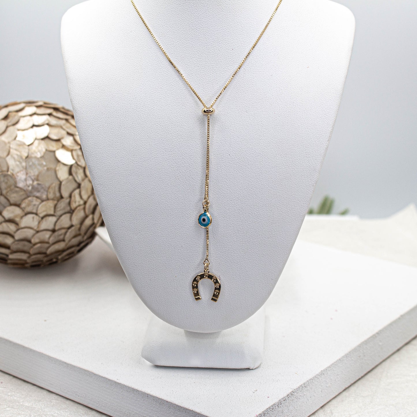 Bolo Tie Lariat Chain with Blue Greek Eye and Horseshoe Long Adjustable Necklace