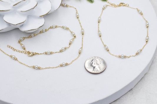 Dainty Pearl Beaded Necklace, Anklet & Bracelet Set