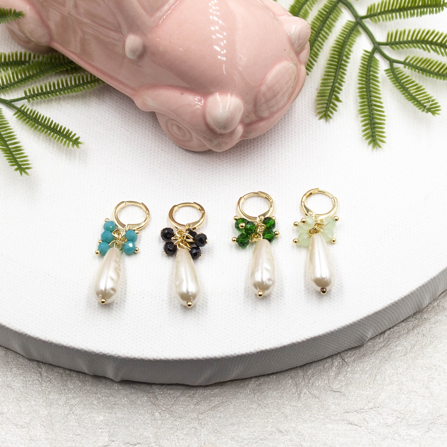 Pearl Drop with Colorful Stones Huggie Earrings