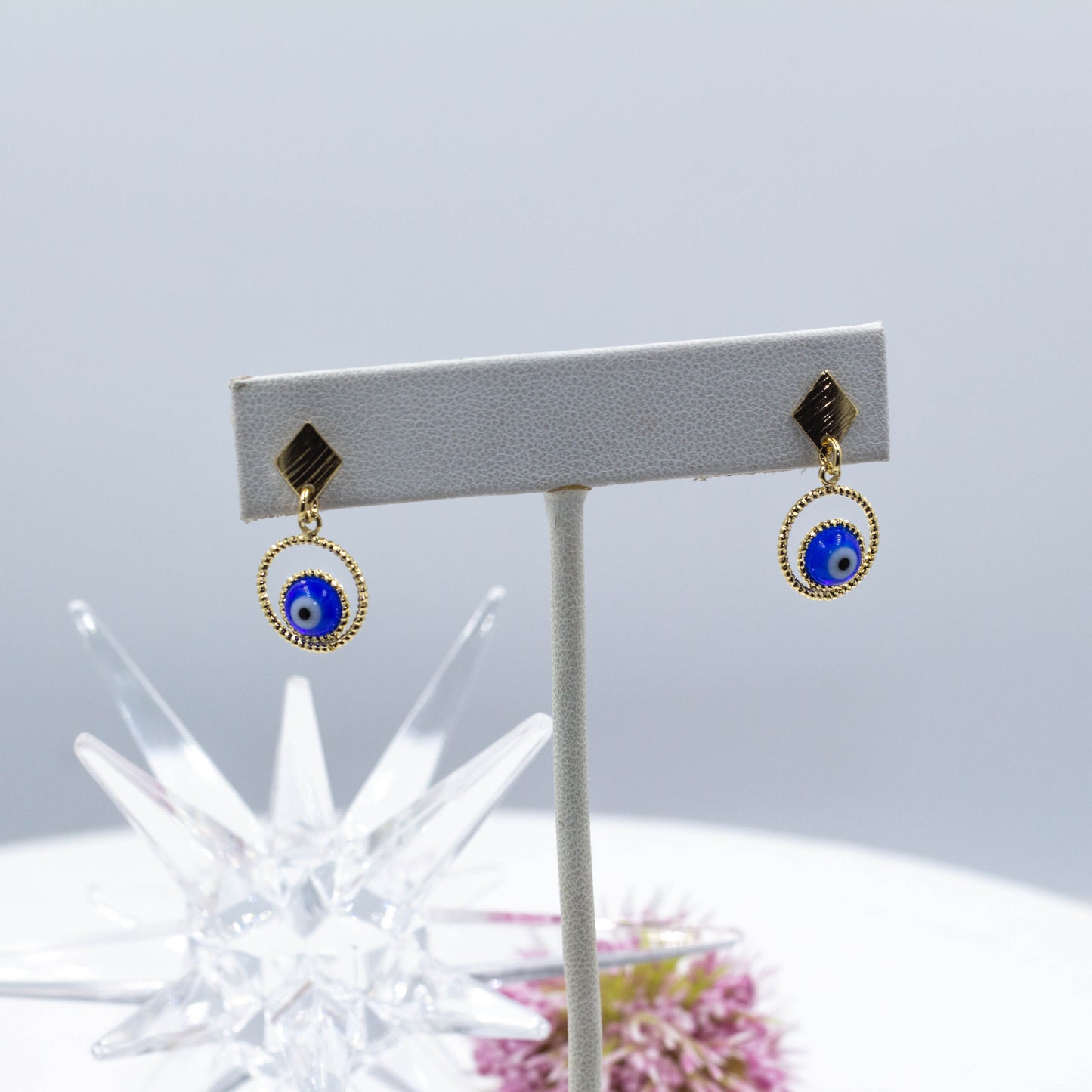 Rhombus Earrings With Evil Blue Eye Huggie Earrings