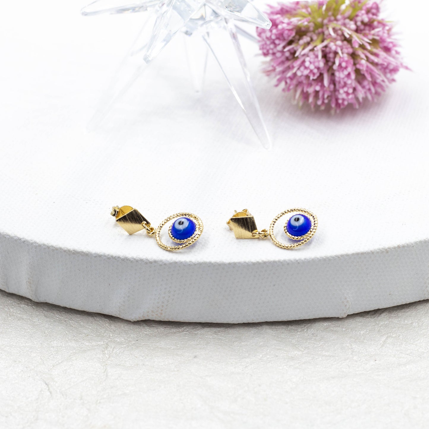 Rhombus Earrings With Evil Blue Eye Huggie Earrings