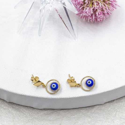 Rhombus Earrings With Evil Blue Eye Huggie Earrings