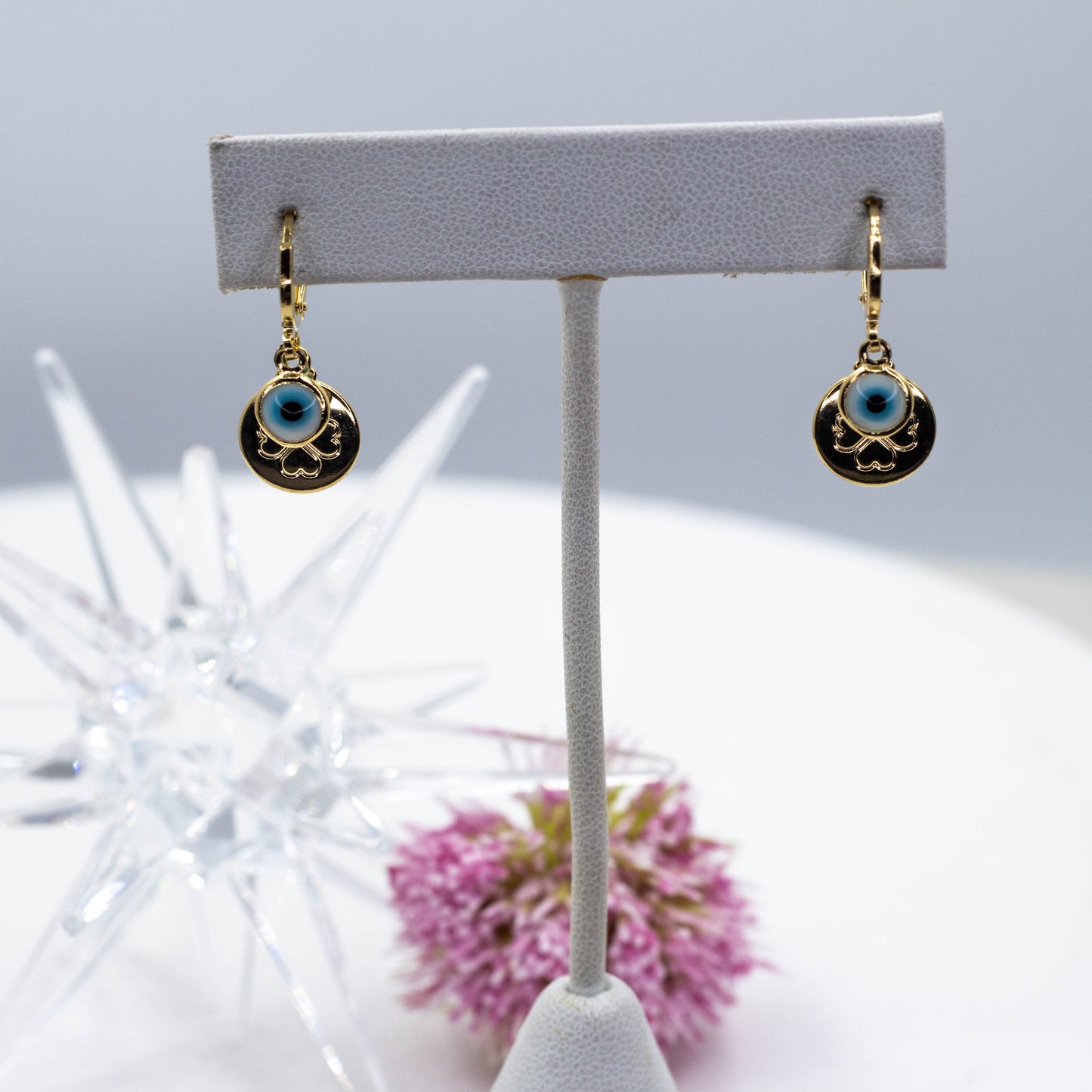 Four Leaf and Evil Eye Huggie Earrings